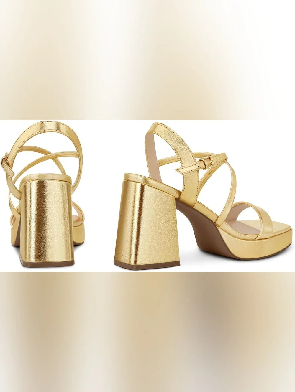 Women's Gold Chunky Metallic Platform Strappy Block Heel Square Toe Sandal, 8
